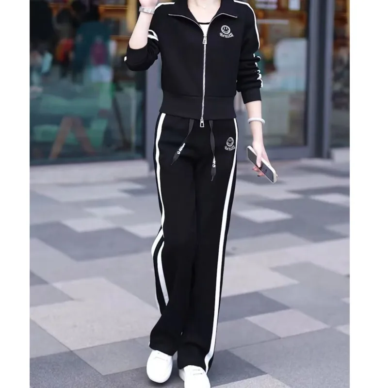 Women\'s Casual Sports Suit Spring And Autumn New Westernized Fashion Sweater Top Jacket Wide Leg Pants 2 Two Piece Set For Women