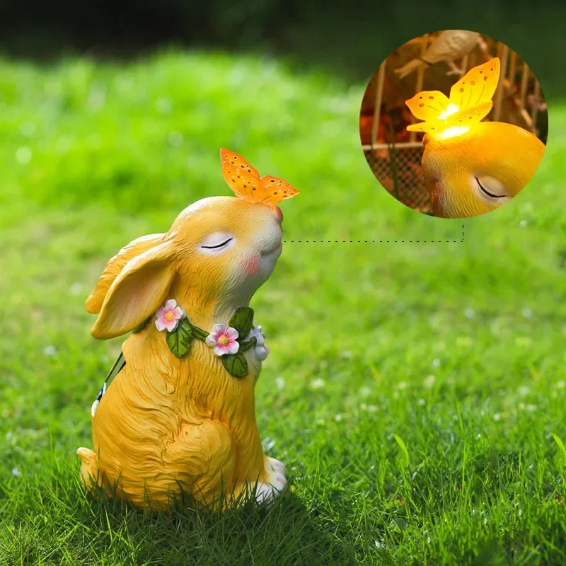 Creative New Solar Outdoor Garden Light Garden Cartoon Butterfly Rabbit Ornament Creative Resin Decorative Atmosphere Lamps Hot