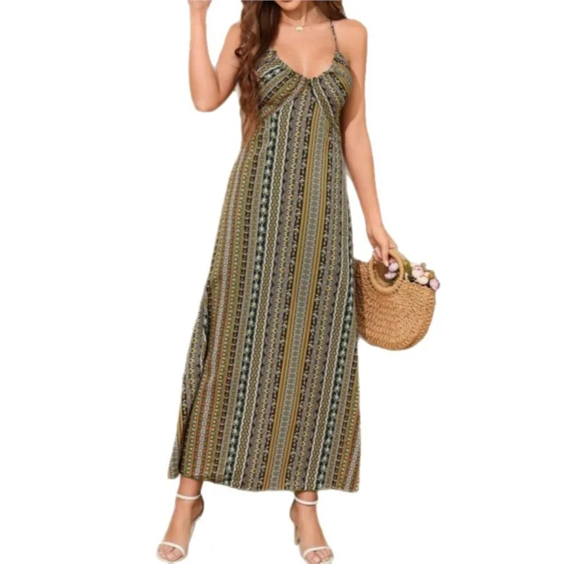 Abito sexy da donna con motivo estivo senza schienale e coscia divisa da donna Boho Fashion con volant e maxi abiti per le vacanze al mare