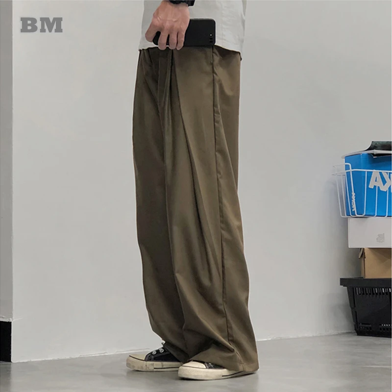 

Korean Fashion High Waisted Straight Leg Pants Men Women Casual Office Trousers Loose Fit Elastic Waist Unisex Streetwear