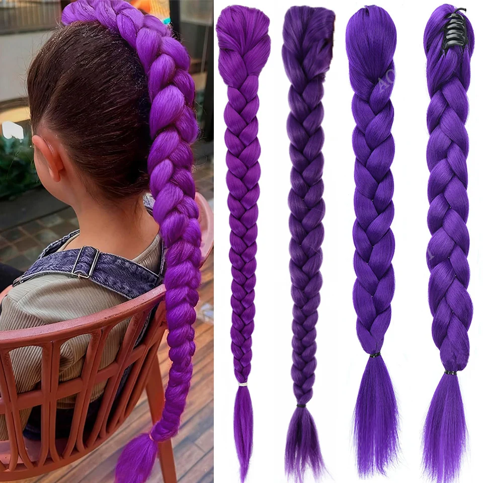 

Синтетические плетеные фиолетовые волосы, прическа «конский хвост», длинный хвост 26 дюймов с заколками для детей, девочек, платье на Хэллоуин и Рождество
