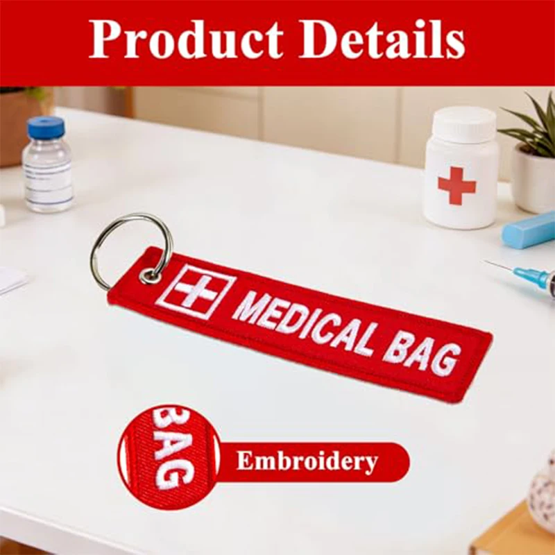 100Pcs Red MEDICAL BAG Alert Key Tag with White Cross Logo Double Sided Embroidery Luggage Strap for Outdoor Emergency