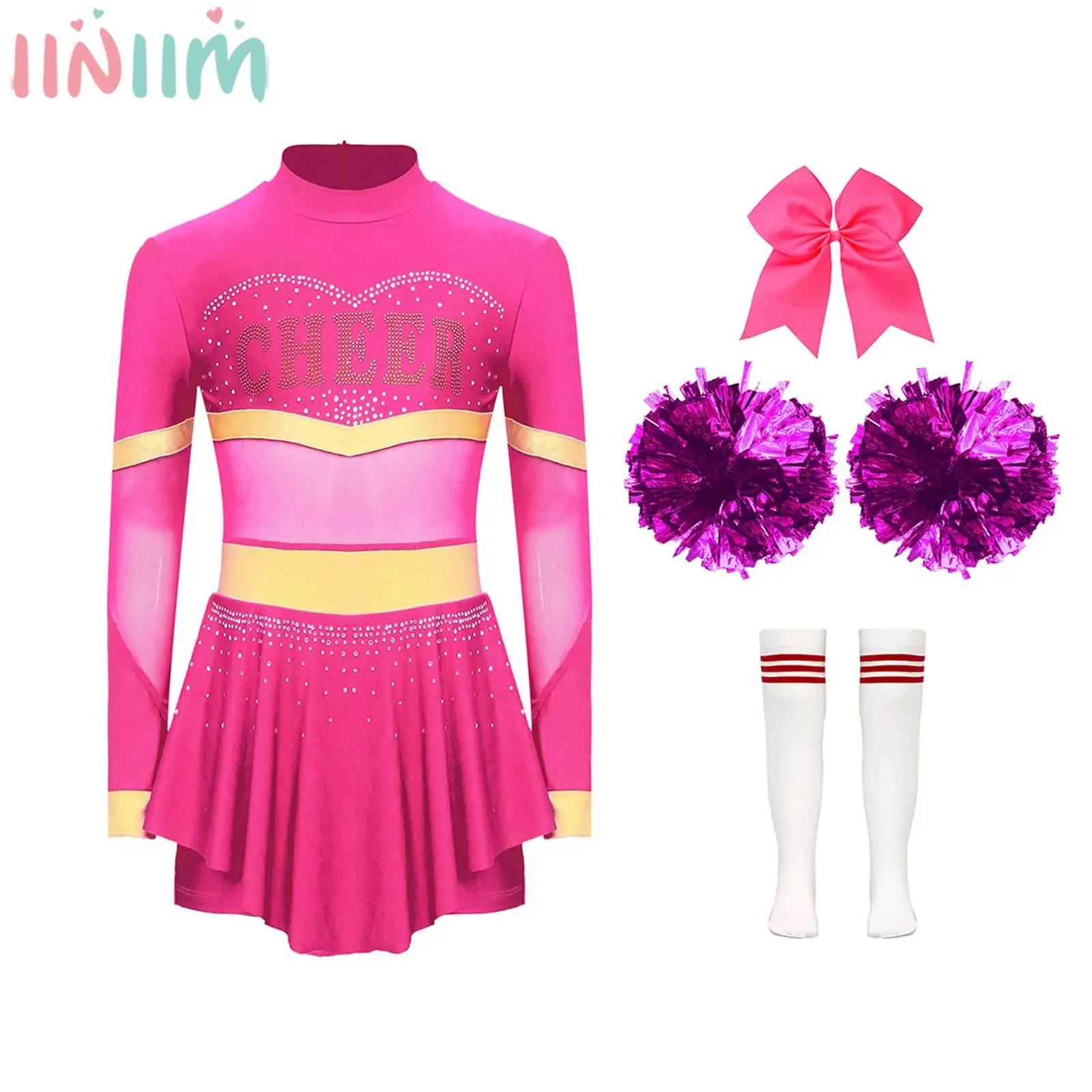 Kids Girls Cheerleading Uniform Leotard Dress with Hand Flower Hair Tie Socks Halloween Carnival Party Sports Meeting Costume