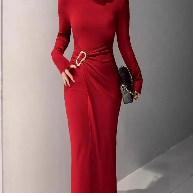 Seksi Saf Arzu Rüzgar Yarım Yüksek Yaka Uzun Kollu Elbise Kadınlar için Katlanır Bel Çantası Kalça Uzun Elbise