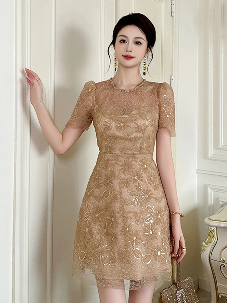 Elegant Lace Floral Embroidery Sequin Short Sleve Evening Dress Women Clothes Sweet O-Neck Slim Mini Party Gown Birthday Vestido