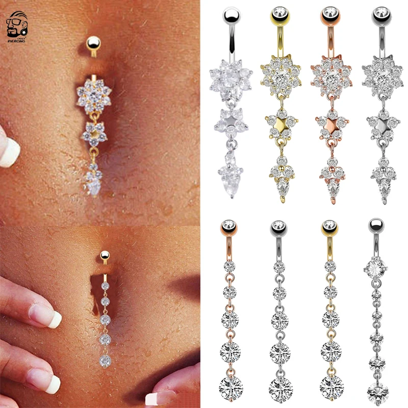 1pc New Zircon Fashion Surgical Steel Navel Piercing Flower Pendant Belly Button Rings Belly Piercing Body Jewelry Sexy Dangle