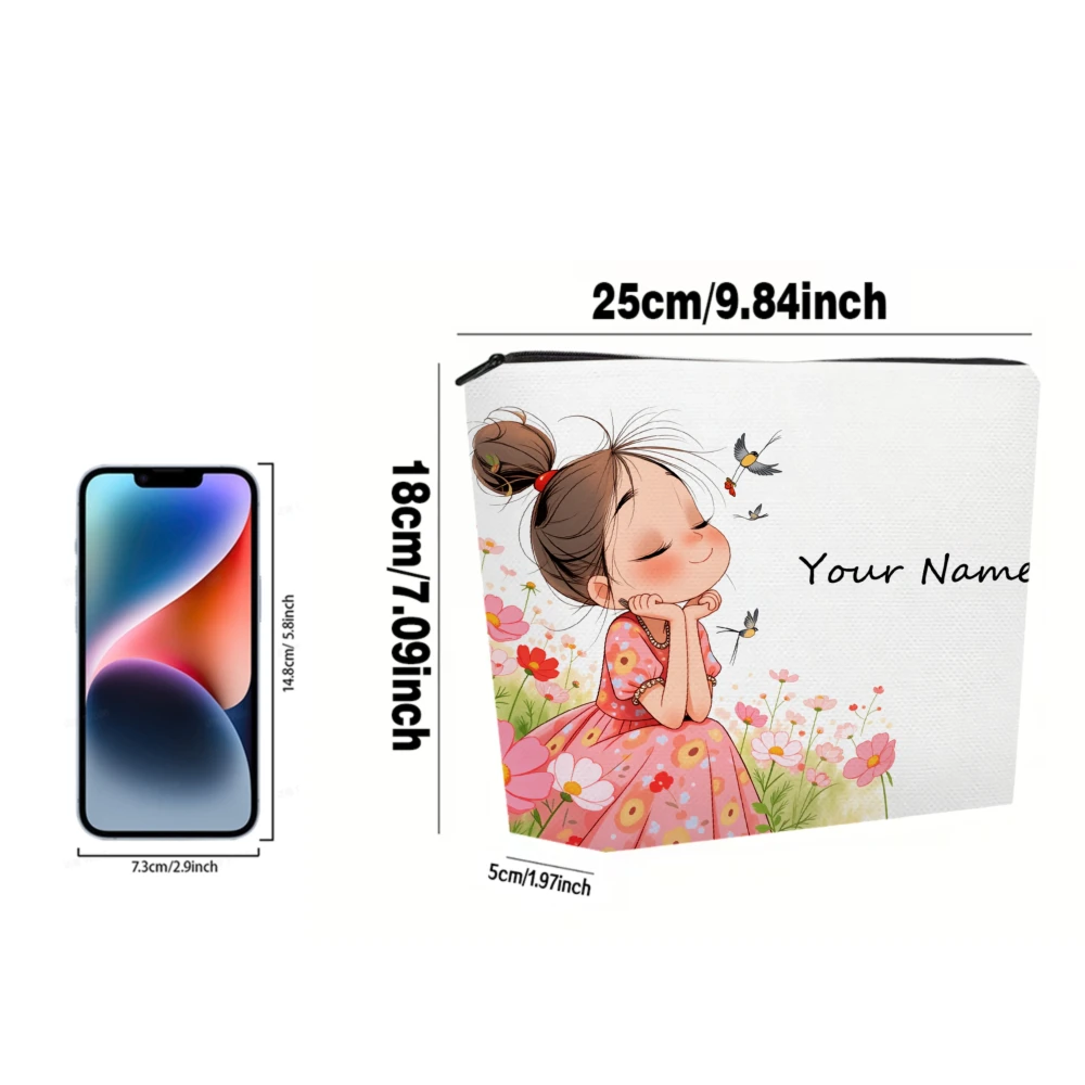 1pc Vintage Cute Little Girl Flower Makeup Bag Custom Name Cosmetic Pouch Teachers' Day Wedding Party Gifts Handbag Beauty Case