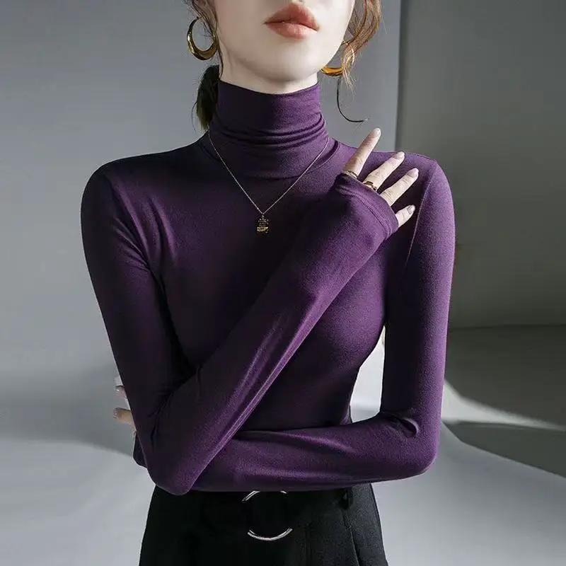 Black High Collar Modal Base Shirt Women's Spring Autumn Thin Long Sleeve Slim Fit Casual Style Pure Color Polyester Fiber