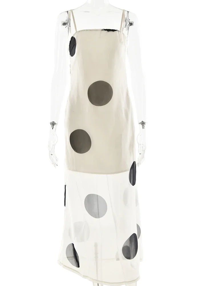 Polka dot impresso dupla camada feminina maxi vestido sexy ver através de malha vestido de verão magro elegante festa vestido de noite