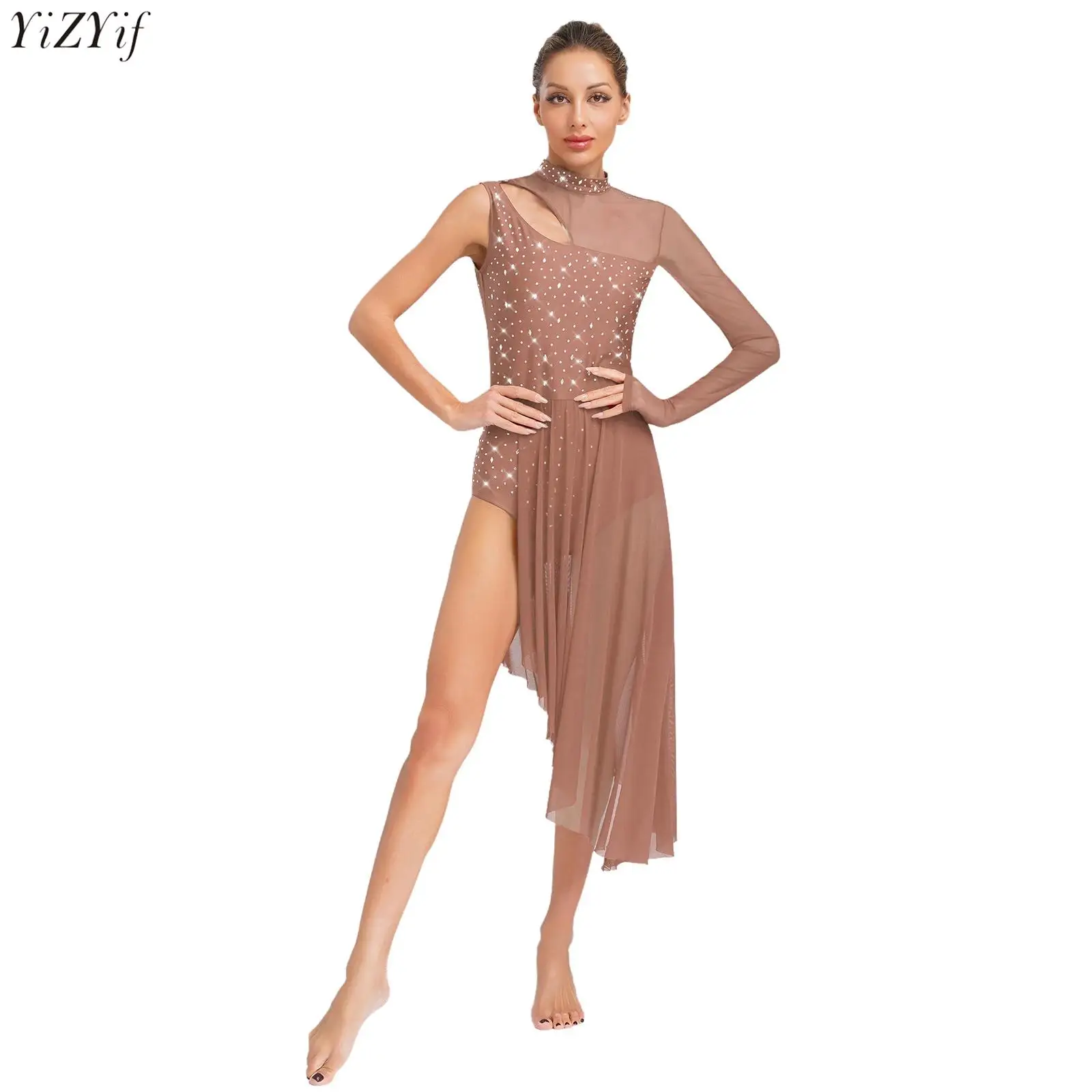 

Women Asymmetrical Lyrical Dance Dress Mock Neck Cutout Sheer Mesh Patchwork Rhinestones Side Split Leotard Dress Dancewear