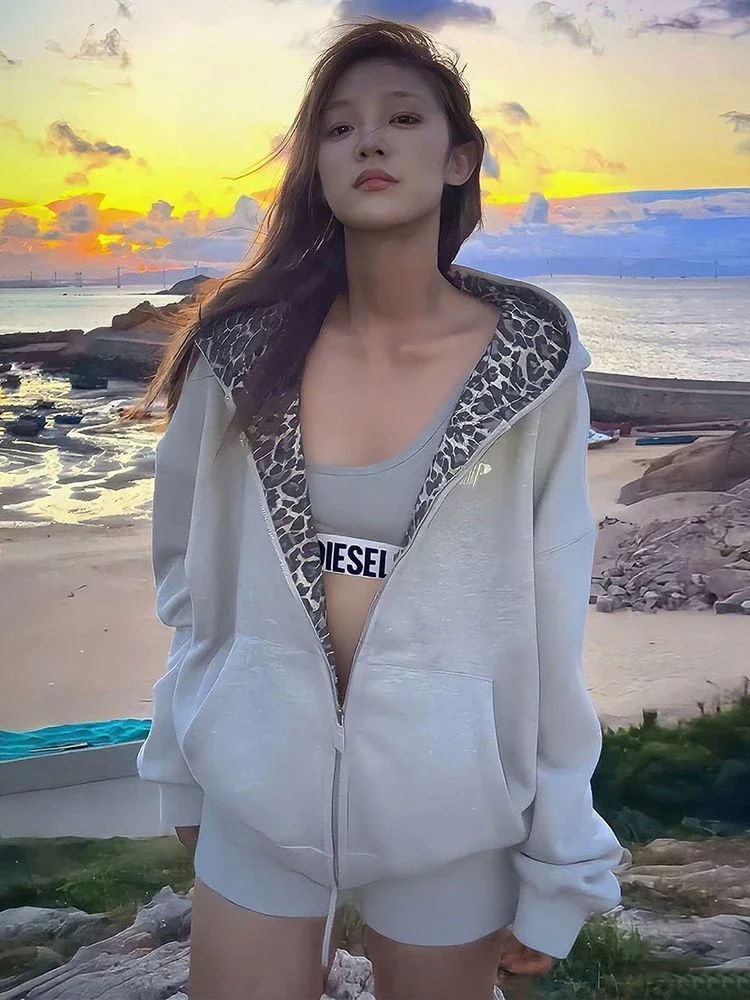 Jmprs Luipaard Retro Amerikaanse Hoodies Vrouwen Losse Hip Hop Streetwear Y2K Sweatshirts Vintage Brief Lange Mouw Bf Herfst Tops