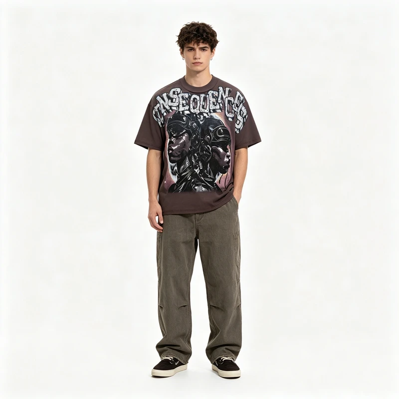 Herren T-Shirt mit Grafik-Print, Lustiges Strass-Oberteil, Übergroßes Y2K Streetwear Cyberpunk Waschbaumwoll-T-Shirt, Retro Skate Street Outfit für den Sommer – Detail 4