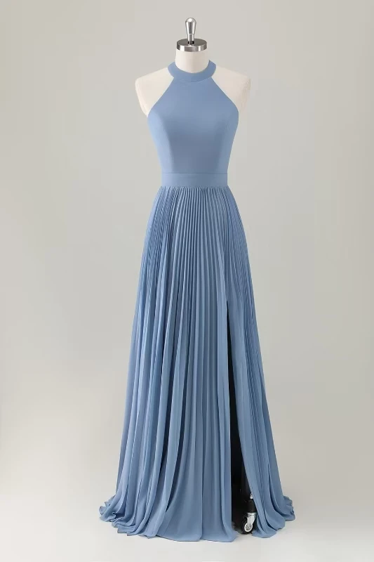 Di alta Qualità Personalizzato Halter Piano Lunghezza Piega Senza Maniche Backless Abiti Para Bodas Mujer Invitada Abiti Da Festa فستان