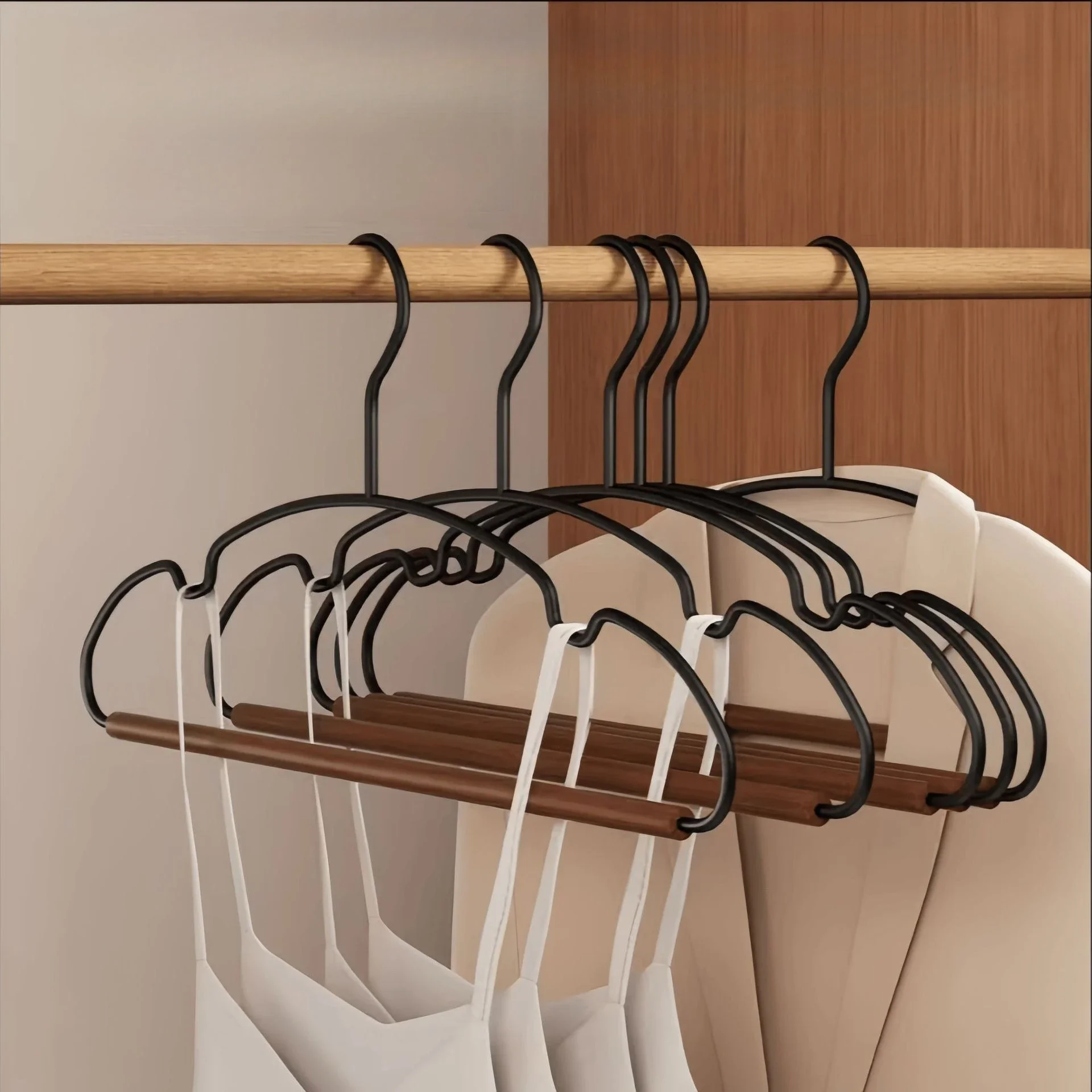 5pcs Luxury Wooden Iron Hangers,Semi-circular Shoulder-Protecting Hanger with Notch for Shirts Dress Bra,Non-Slip Drying Racks