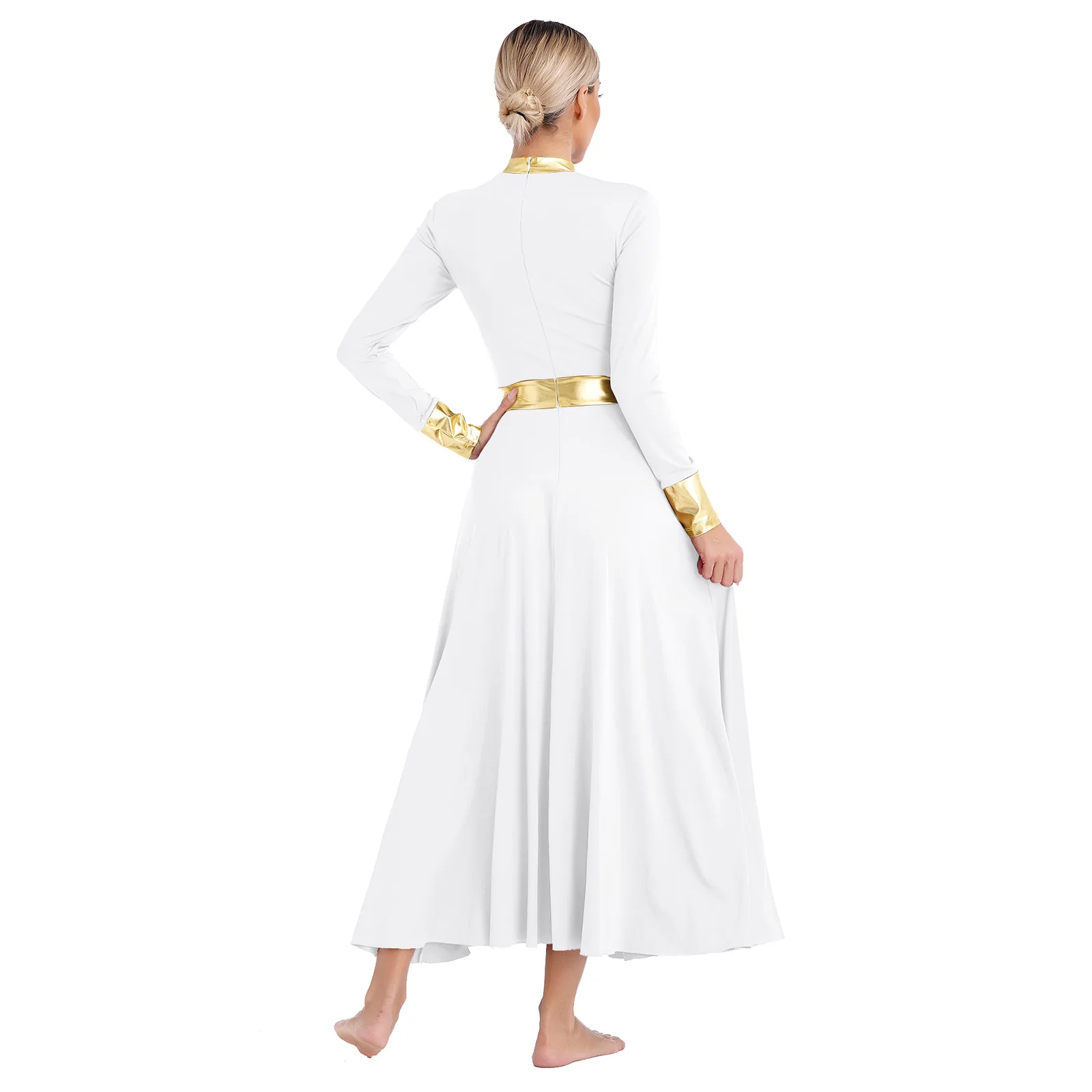 Womens Liturgical Praise Dance Dress Color Block Metallic Shiny Applique Lyrical Costume Choir Gowns Church Worship Dancewear