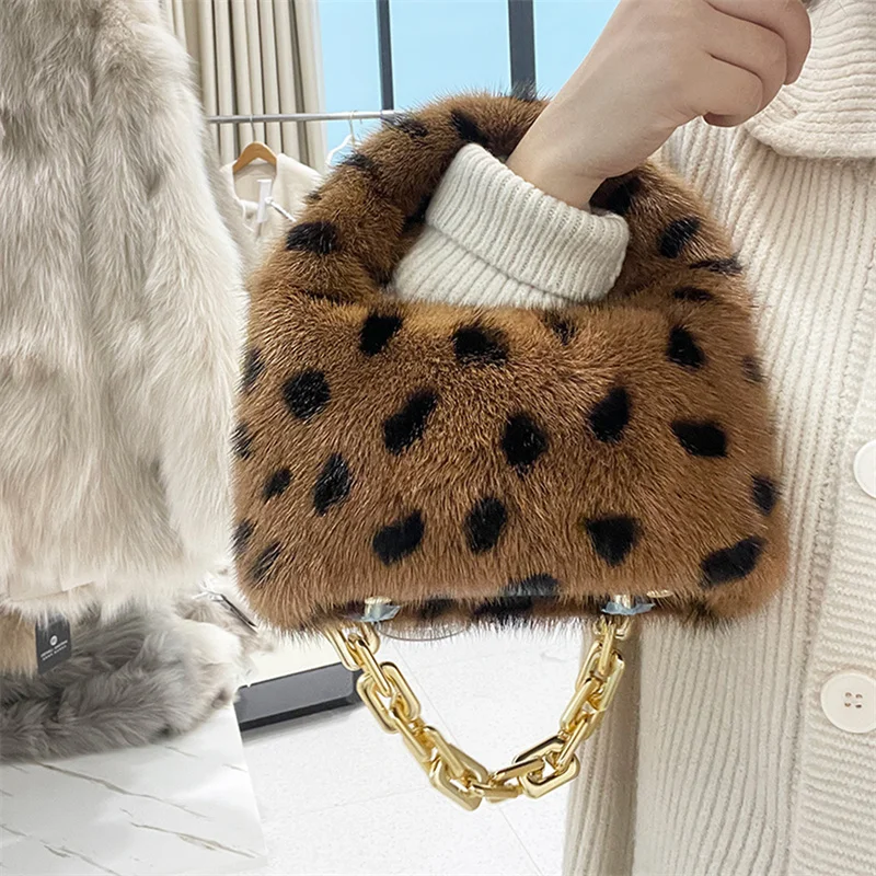 Luxury Women\'s Handheld Fur Bag Mink Hair Large Capacity Fashion Leopard Print Crossbody Bag Real Fur Versatile Chain Plush Bag