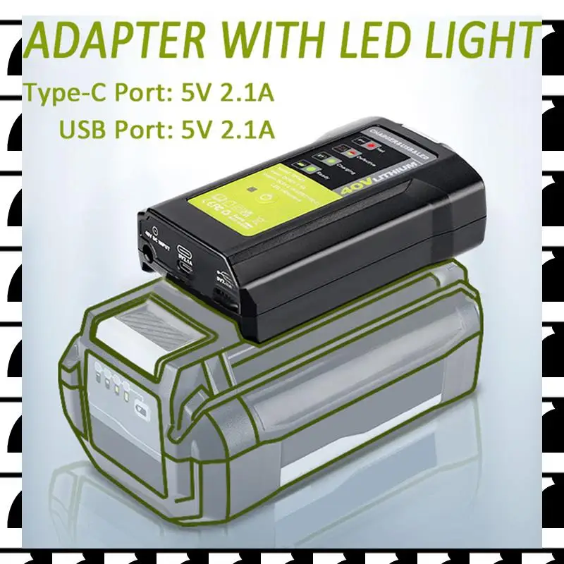 

A44U LED Adapter Only 3Wadapter Light With USB For Ryobi 36-40V Battery LUB40V Charger Overcharge Protection With DC Emergency L