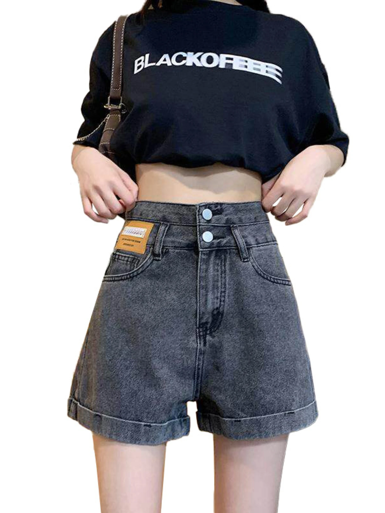Women Vintage Wash Denim Shorts High Waist Cuffed Hem Jeans Shorts Grey Y2K Streetwear
