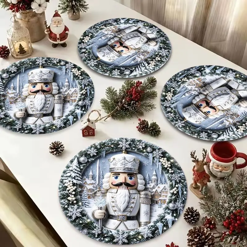 VIKAMA Silver Snow Nutcracker Round Placemat, 3 Designs, Table Mat for Kitchen Dining Party