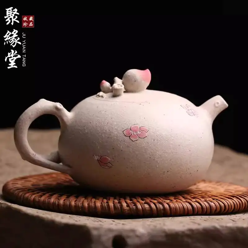 Yixing Purple Clay Blossom Longevity Peach Bionic Device Pure Handmade Famous Making Sketch Pot Large Mouth Tea Set Chinoiserie