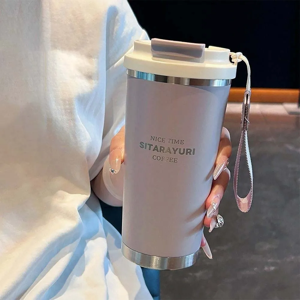 

Large Capacity Coffee Water Cup 304 Stainless Steel Round Mouth Filter Tea Bottle Hanging Rope TPR 560ML Drinking Cup Outdoor