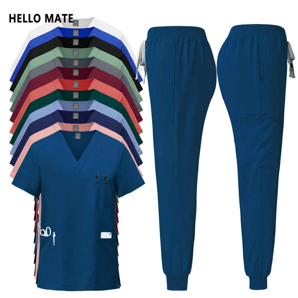 Men Women's Elastic Workwear Pockets Short Sleeve Jogger Suit Operating Room Work Uniform Surgical Gown Lab Pet Shop Vet Uniform