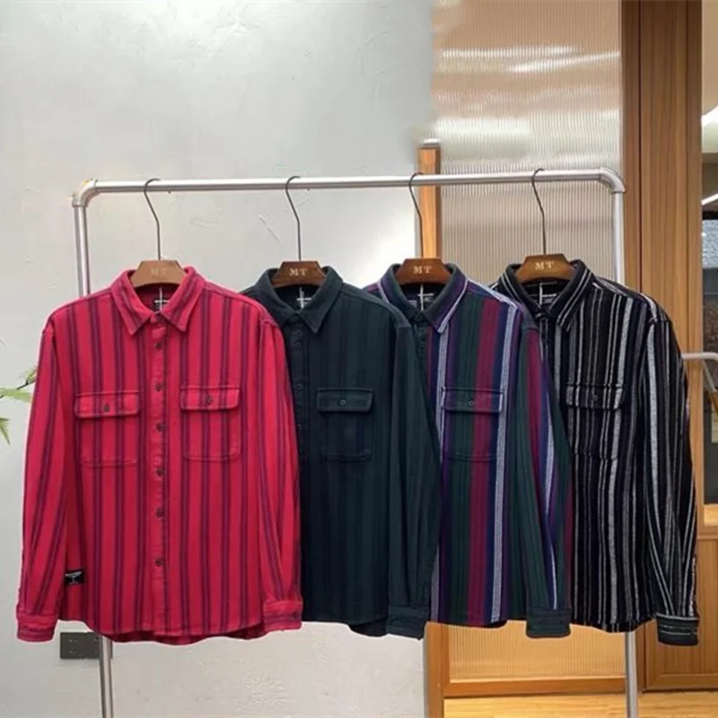 

Heavy Flannel Striped Long Sleeved Shirt Loose Washed Distressed Shirt Spring European Casual Workwear Outdoor Trekking Blouse