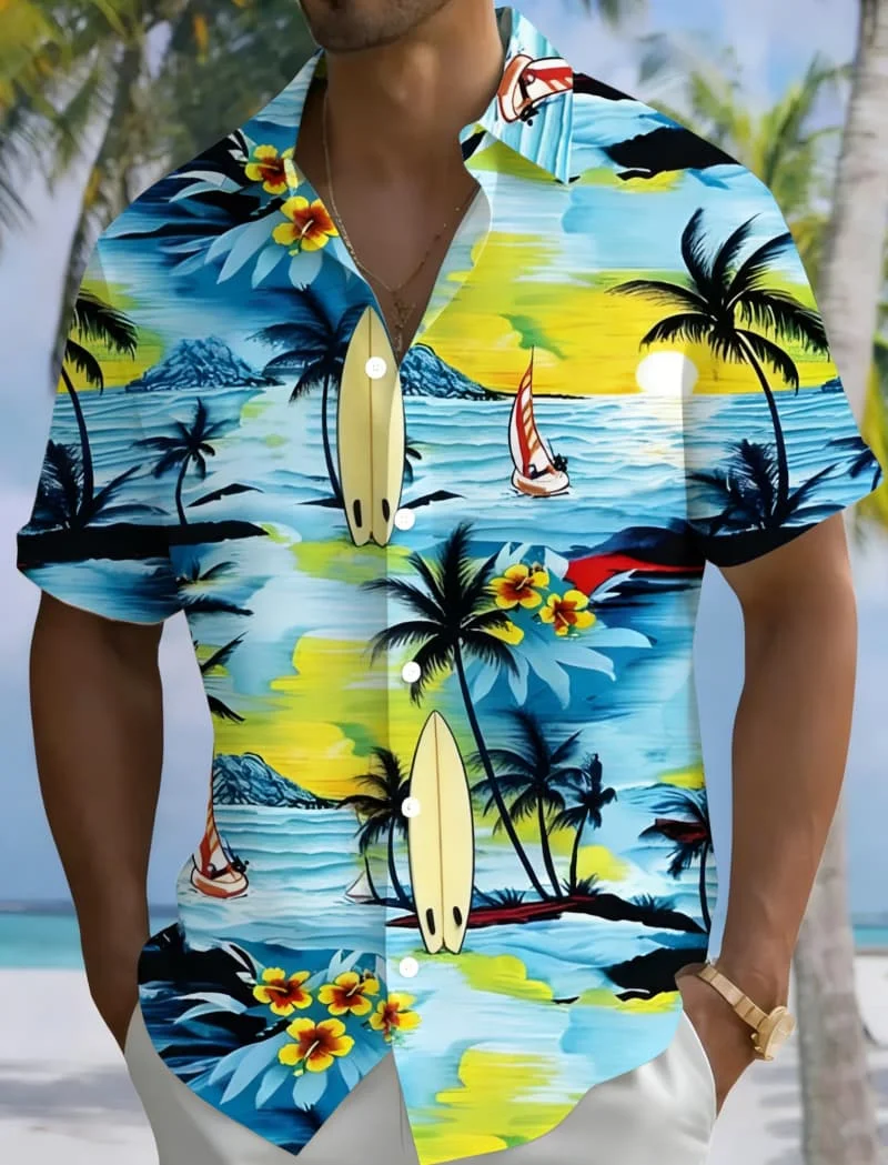 Men's fashionable tropical ocean landscape printed short-sleeved shirt, for vacation, daily life, and outdoor activities