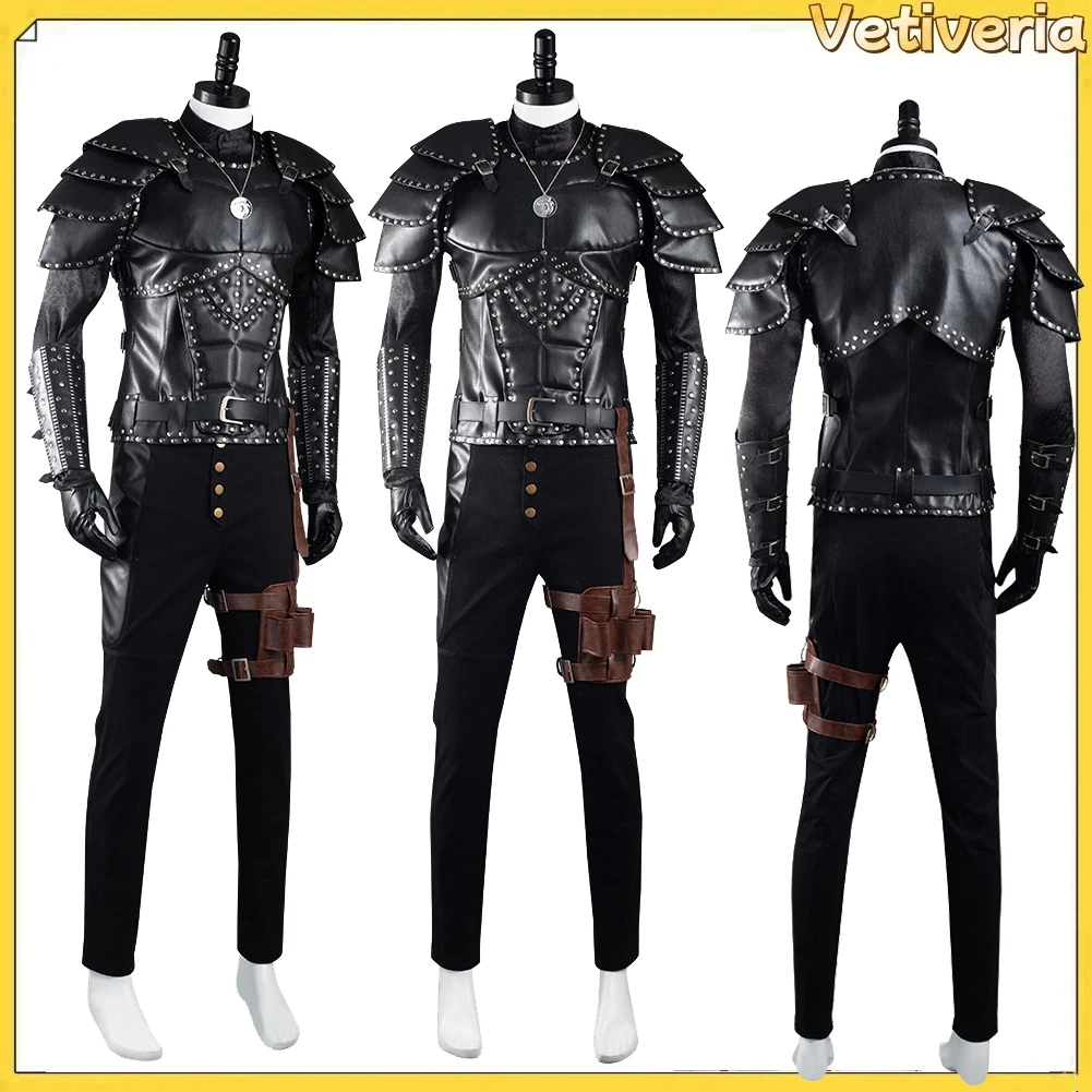

Adult Geralt Cosplay Costume Witch Leather Jacket Top Pants Belt Men Suit Outfits Halloween Disguise Clothing Male Uniform