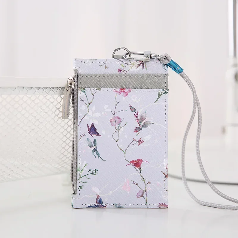 Women's Flower Pu Leather Card Bags ID Bus Credit Card Holder with Neck Strap Lanyard Badge Holder Coin Purse Money Bags Wallet