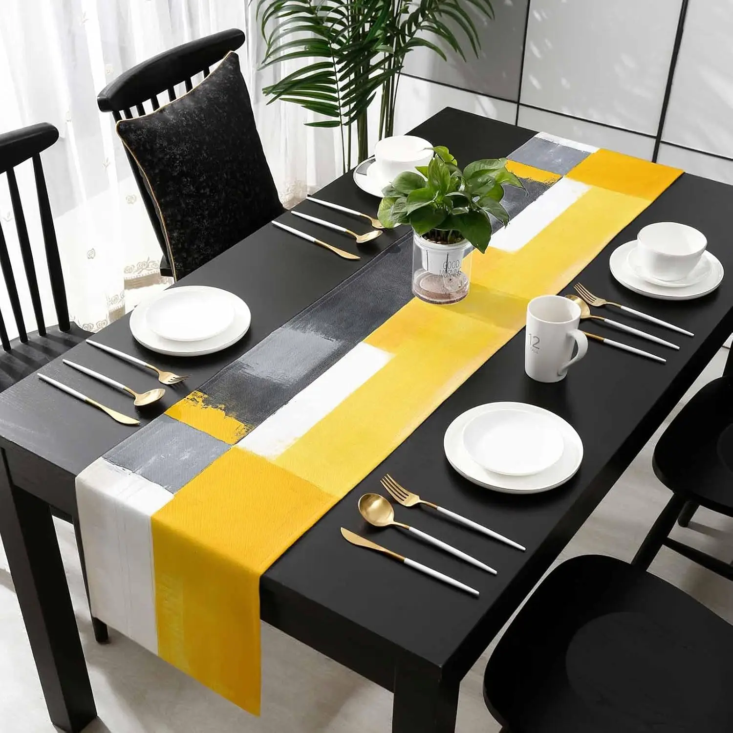 Abstract Yellow Linen Table Runner Dresser Scarf Table Decor Grey White Geometric Art Table Runners Holiday Kitchen Party Decor