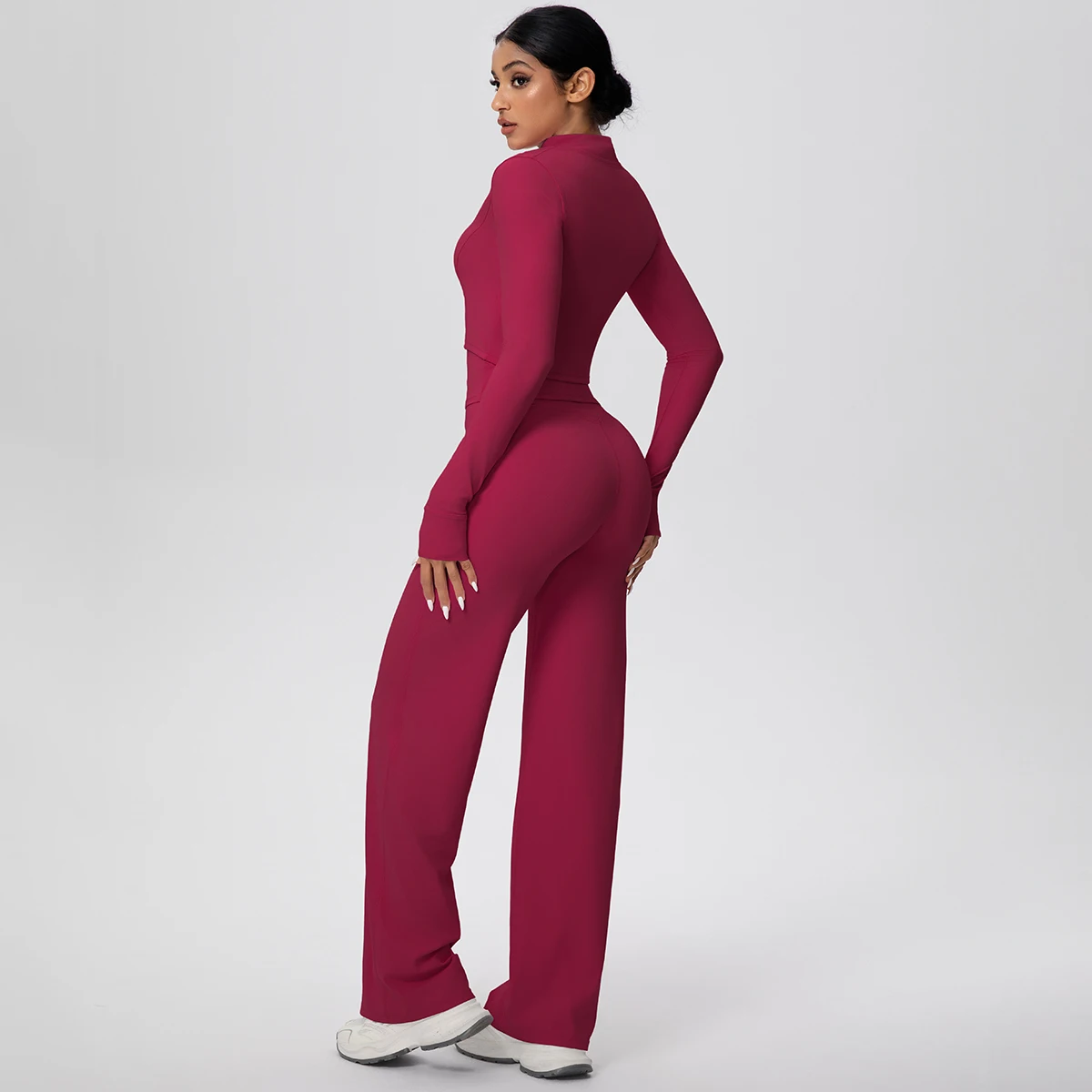 طقم يوجا رياضي للياقة البدنية سريع الجفاف للنساء، حمالة صدر بحزام عاري اللون مع وسادة صدر وسحاب وأكمام طويلة #5