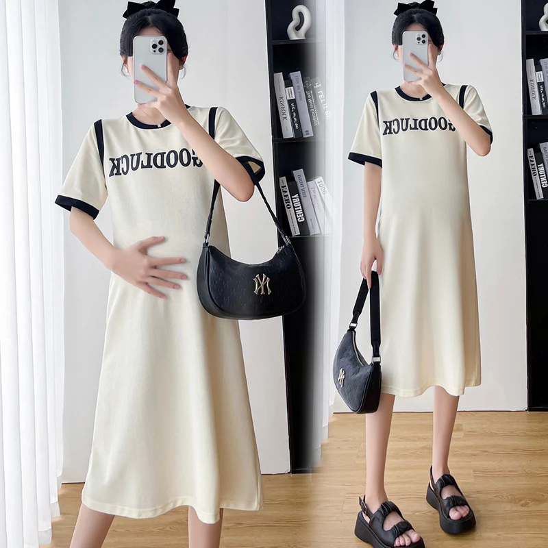 

90% Cotton Dress for Maternity Summer Stretched Pregnant Woman A-line Dress Block Color Letters Patchwork Pregnancy Casual Dress