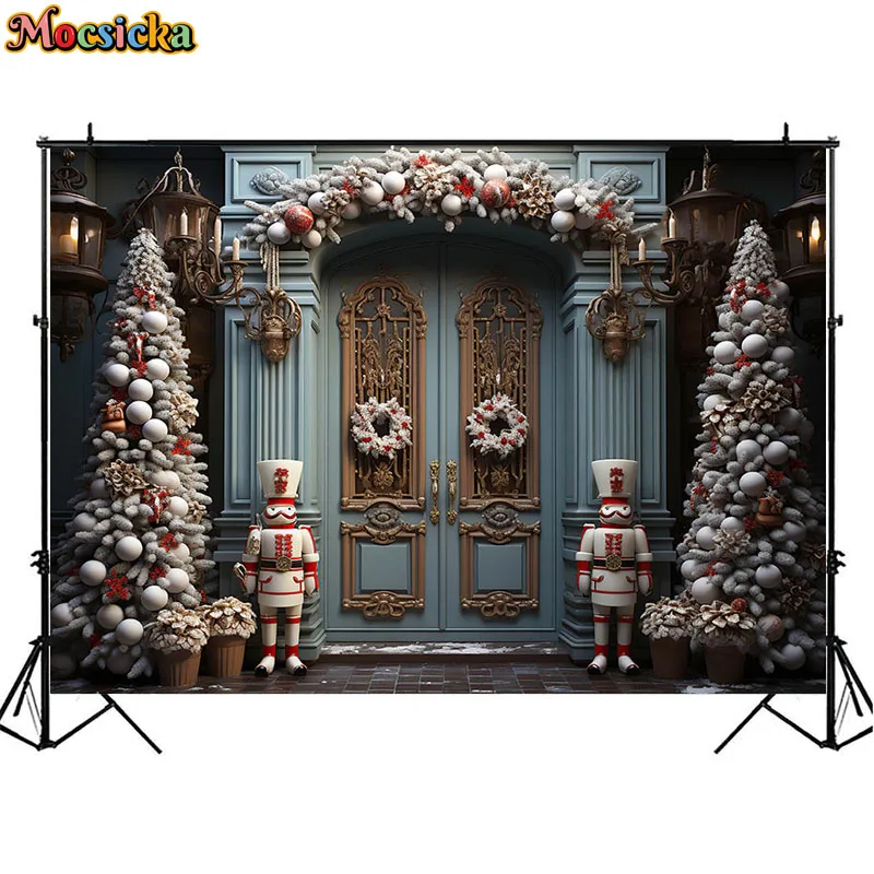 Christmas Tree Toy Soldier Photography Backdrop Winter Blue Classic Door Decor Photocall Kids Birthday Portrait Photo Background