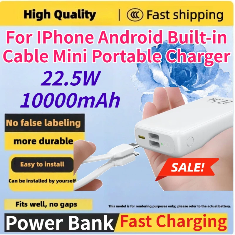 10000mAh 22.5W Fast Charging Power Bank 3C Certified Built-in Cable Mini Portable Charger for IPhone Android