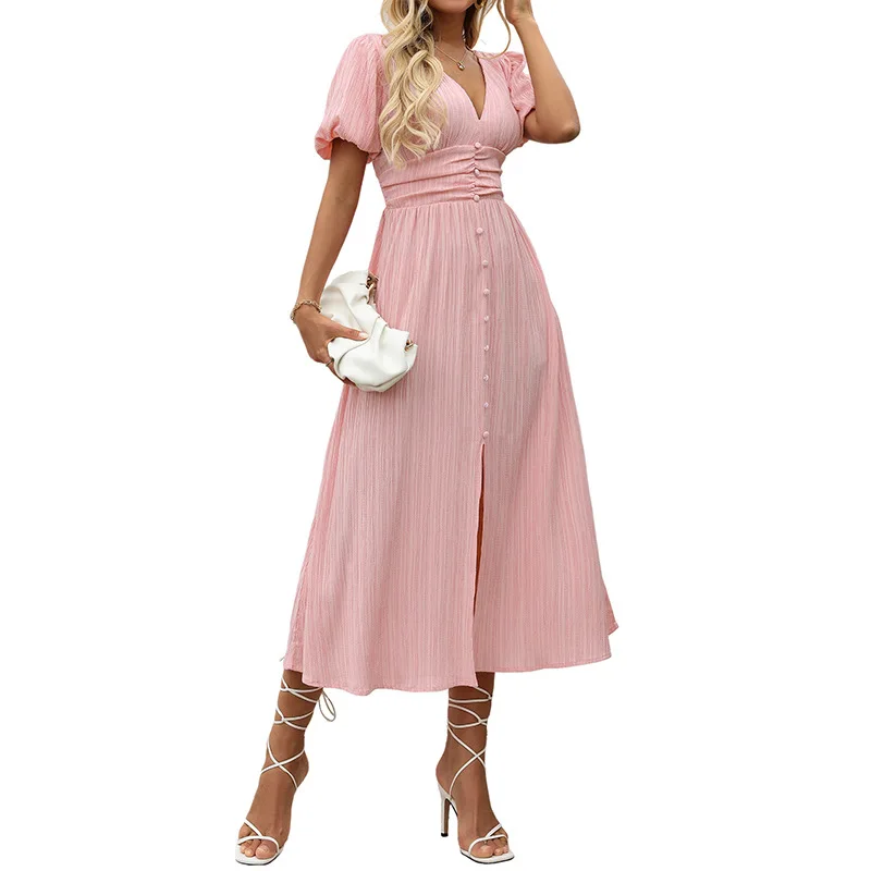 V-neck Temperament Women's Dress with Bubble Sleeves in Spring and Summer of 2025