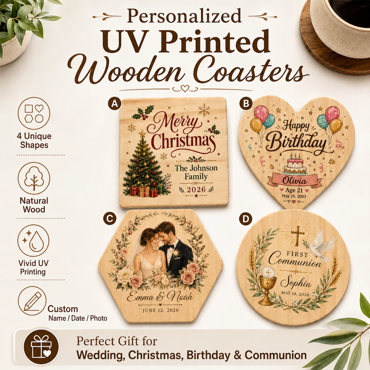 Personalized Custom Wooden Coasters, Suitable for Communion, Baptism, Birthdays, Weddings, Christmas, to Enhance Your Tabletop