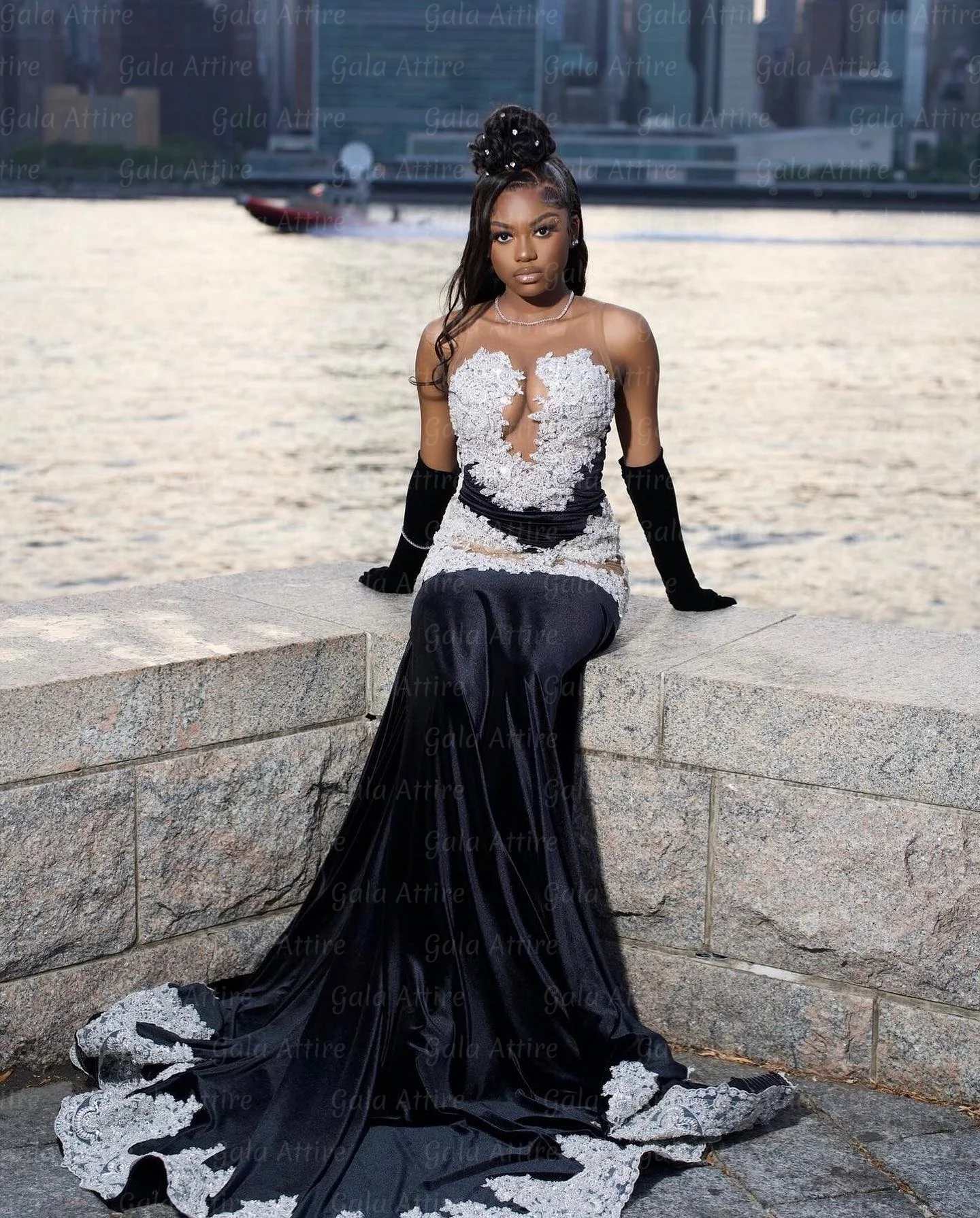 2026 Gala Attire Black Long Prom Dresses White Lace Applique Mermaid Velour Formal Graduation Party Gowns With Gloves Customized