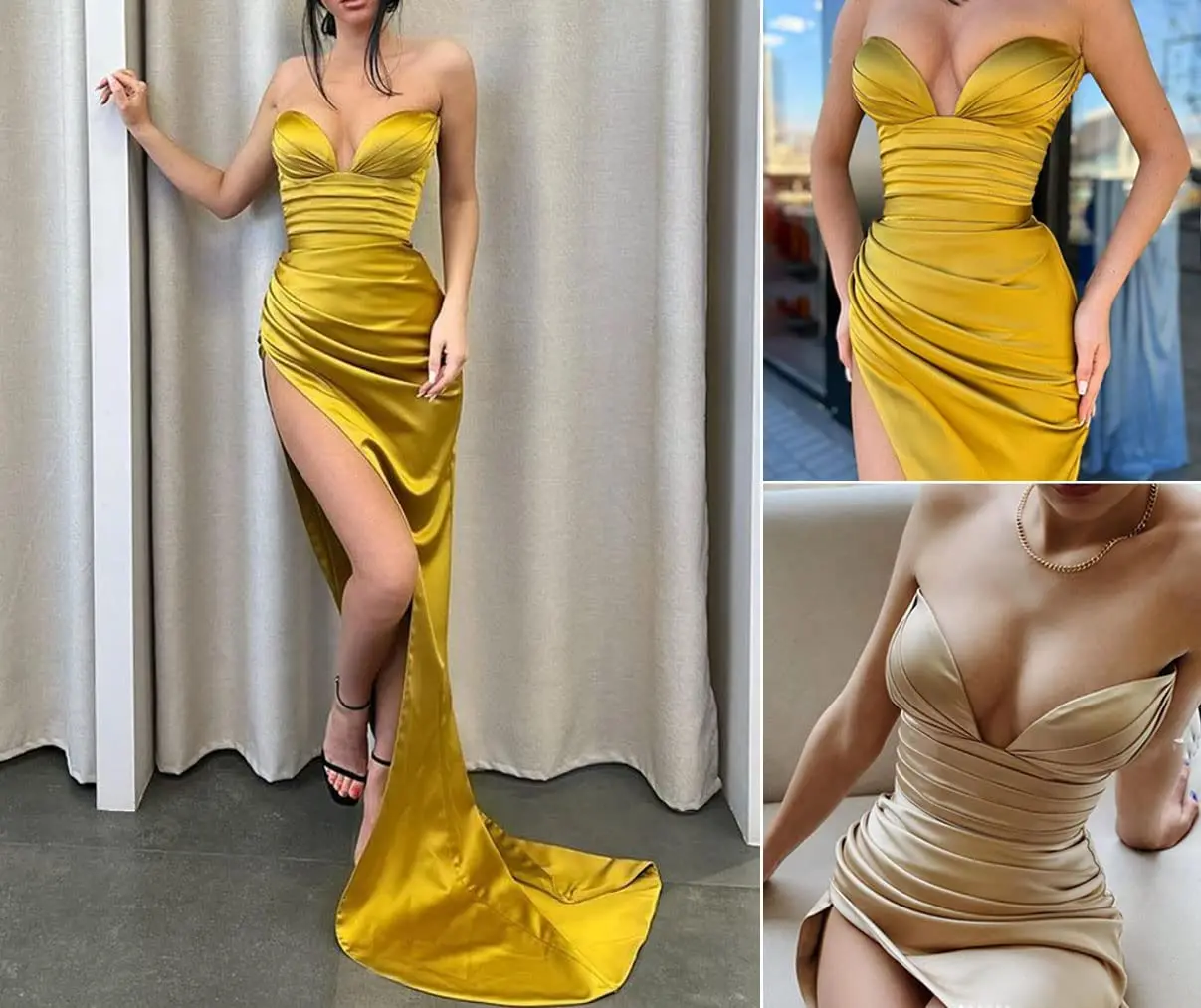 

Sexy Champagne Gold Sweetheart Strap Mermaid Evening Dresses with Side Split Pleated Satin Porm Gowns Party Dresses For Women