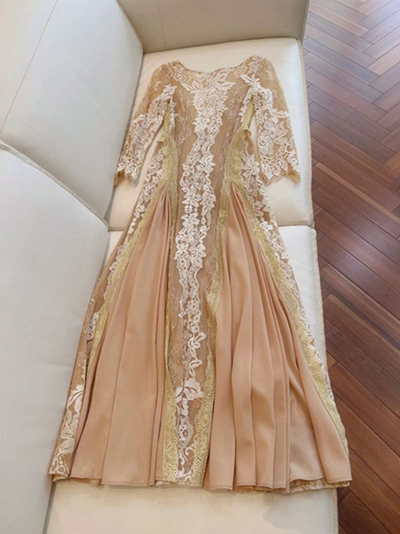 

Elegant Desert Patchwork Lace Midi Dress Fashionable Mesh Skirt High Waist A-Line Silhouette Long Sleeve Deep V-Neck Wedding ...