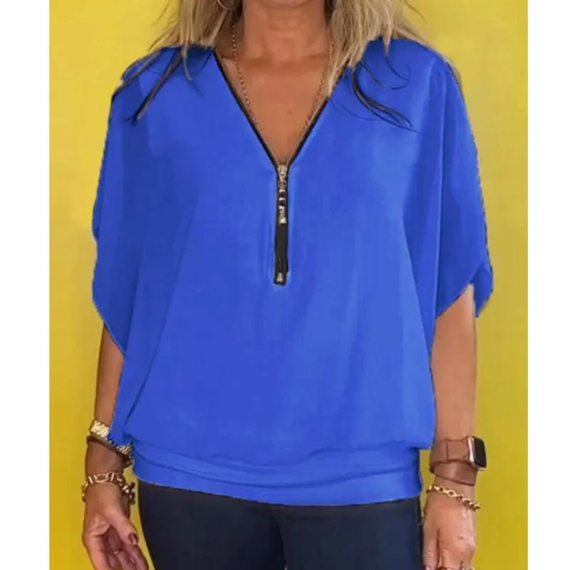 Women's Casual Chiffon Half-zip Short-sleeved Top Blouse V-neck Zipper Half Placket Batwing Sleeve Pullover Solid Loose Fit Tops