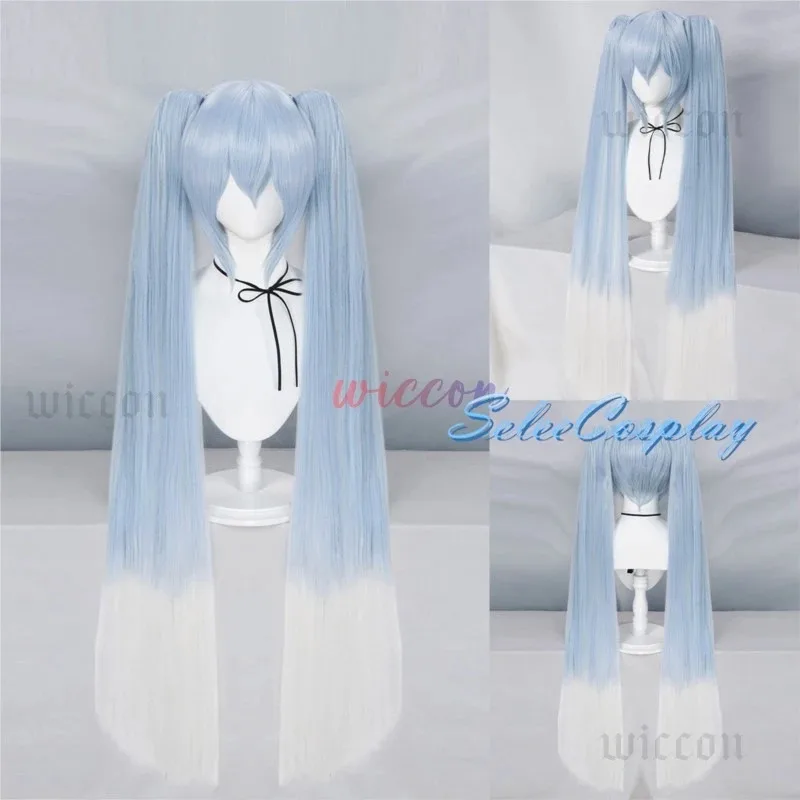 

Virtual Singer MiiKU Cosplay Wig Colored Miiku Long Light 44inch Blue Gradient White Hair Clips 2 Ponytails Synthetic Lolita Wig