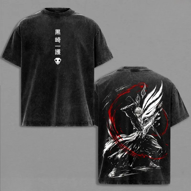 Kurosaki Ichigo BLEACH Anime Clothing Men Women Oversized T-shirts Short Sleeve Washed T Shirt Retro Cotton Tshirt Harajuku Tops