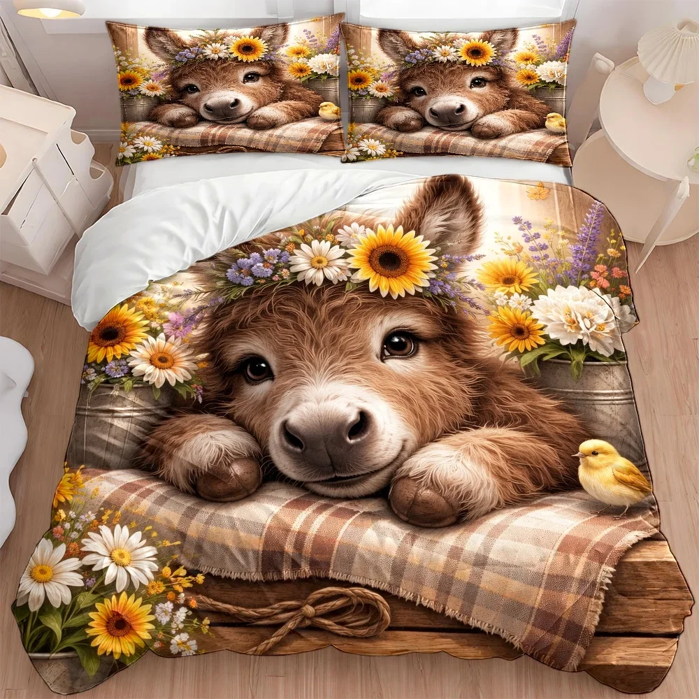 3Pc Pastoral Style Cute Little Donkey Floral Duvet Cover Set, Bedding Three-Piece Set (1*Duvet Cover + 2*Pillowcases), Suitable for All Seasons, Machine Washable, Invisible Zipper Design, Suitable for Home, Dormitory, Master Bedroom, Guest Room, Large Double Bed Cover Bedding Set, Fresh Floral Animal Pattern, Soft and Skin-Friendly for Comfortable Sleep, Three-Piece Bedding Set, Pastoral Style Little Donkey Floral Duvet Cover Set 2D Flat Print