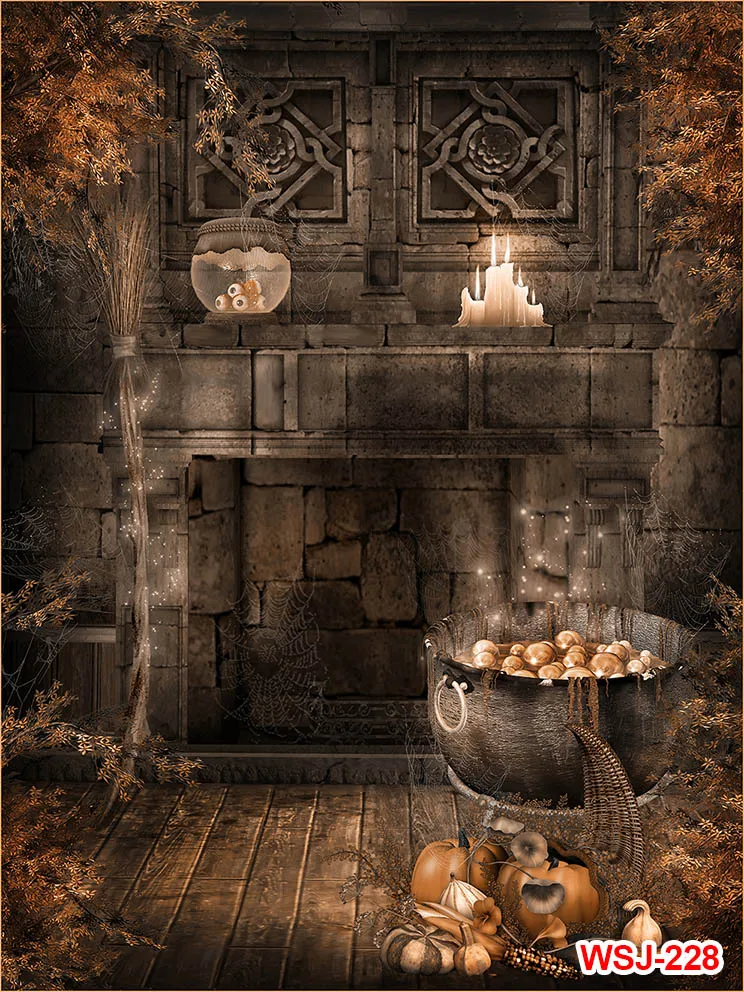 Photography Background Autumn Halloween Retro Kitchenware Pumpkin Skull House Kids Birthday Family Preparation for Halloween