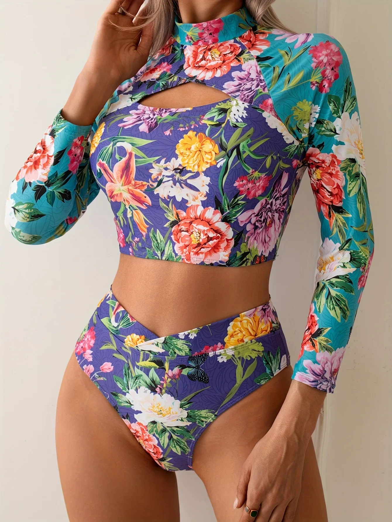2025 レディース 水着 3 点セット 花柄 ハイウエスト ビキニ & カバーアップ トレンディな保守的な水着 中空プルオーバー