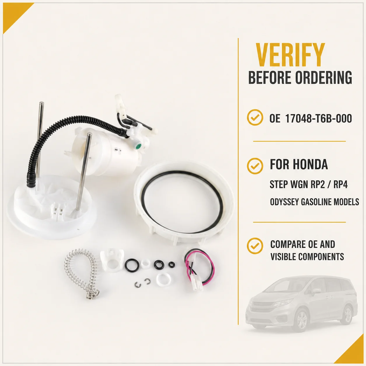 17048‑T6B‑000 Fuel Pump Module Assembly with Lock Ring and Seal for Honda Step WGN RP4 and Odyssey Petrol Engine Models