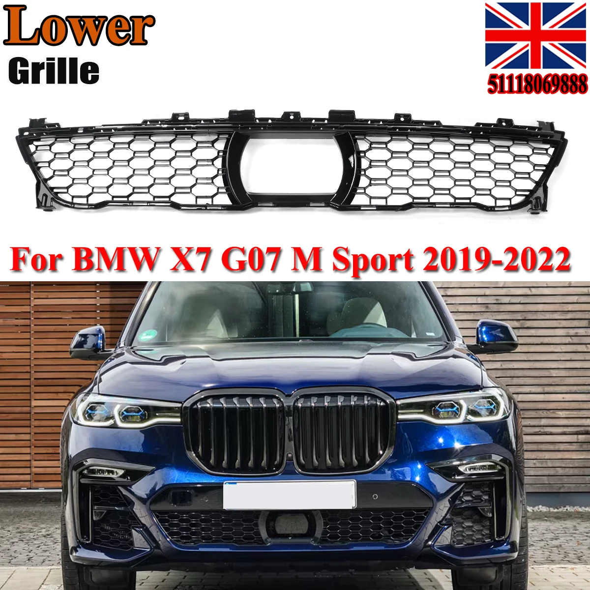 

Для BMW X7 G07 M спортивный передний бампер, решетка для почек, сотовая решетка 2019 2020 2021 2022, черный M50i XDrive40i, центральная нижняя решетка