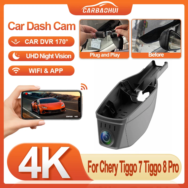 4K 2160P New Plug and Play WIFi Car DVR Video Recorder Dual Lens Dash Cam For Chery Tiggo 7 Tiggo 8 Pro 2020-2022 Night vision