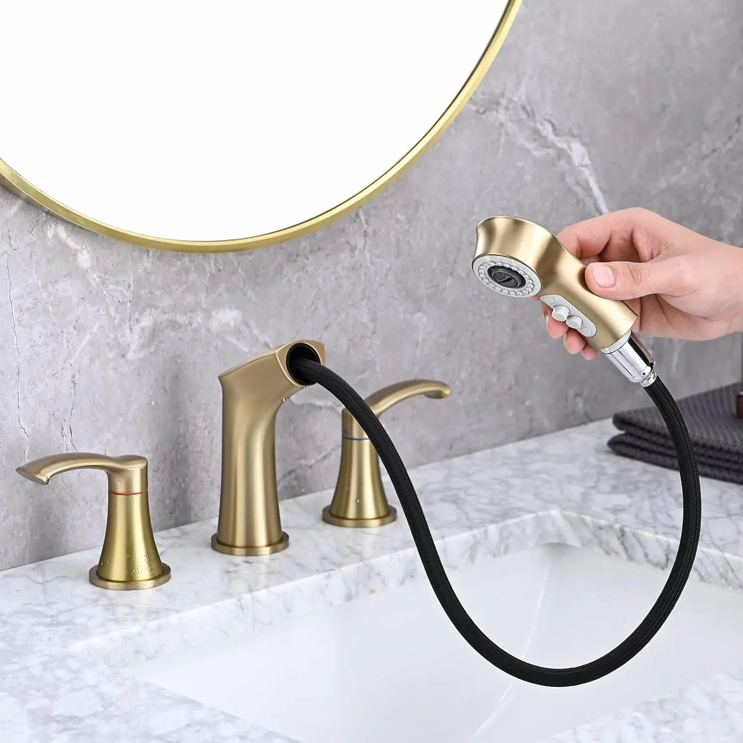 Faucet 3 Hole with Pull Out Sprayer, 8 Inch Widespread Bathroom Faucet, Two Handle Vanity Faucet with cUPC Supply Lines, Brushed